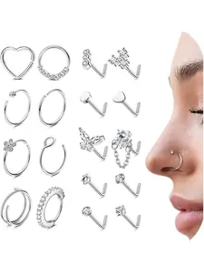 18g 20g Hypoallergenic Stainless Steel Nose Rings Hoop L Shape Nose Studs Cute Heart Square CZ Nose Bone Screw Nostril Piercing Jewelry for Women Men Silver Gold Filled Rhinestone Nose Ring