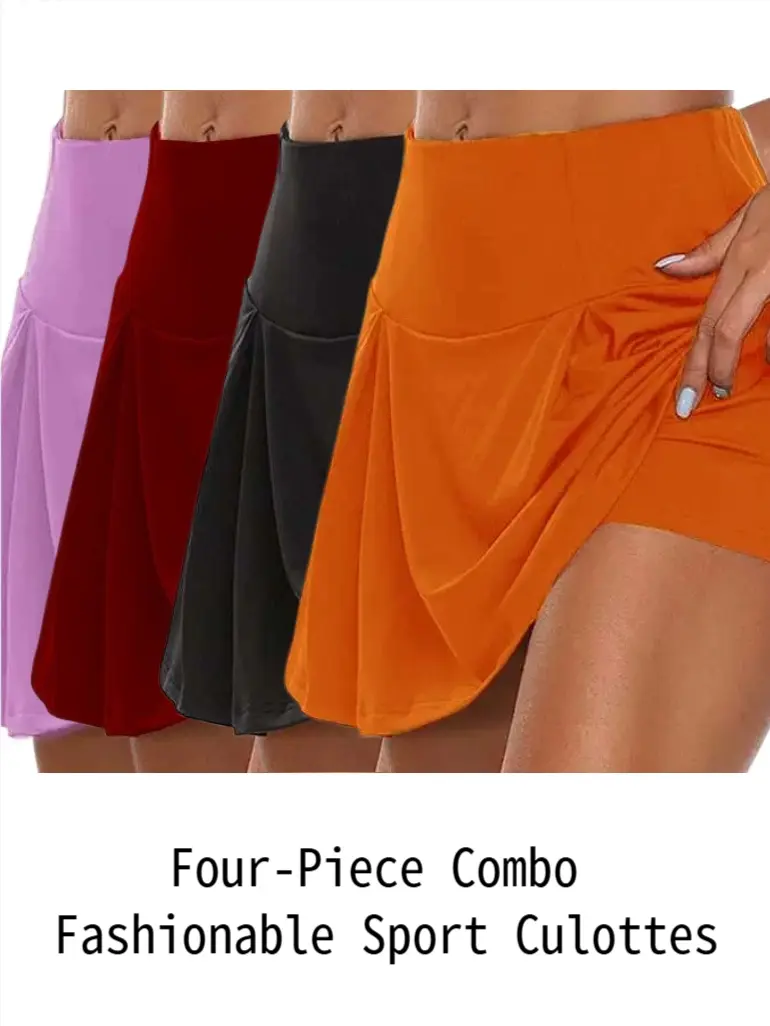 Women's 4-Piece A-Line Tennis Skort Set - Active Skirts with Mid Rise, Built-in Shorts (Skirt + Shorts Combo), Breathable, Quick-Drying, Sweat-Proof for Golf, Casual Wear, Year-Round, Fitted, Quick Dry