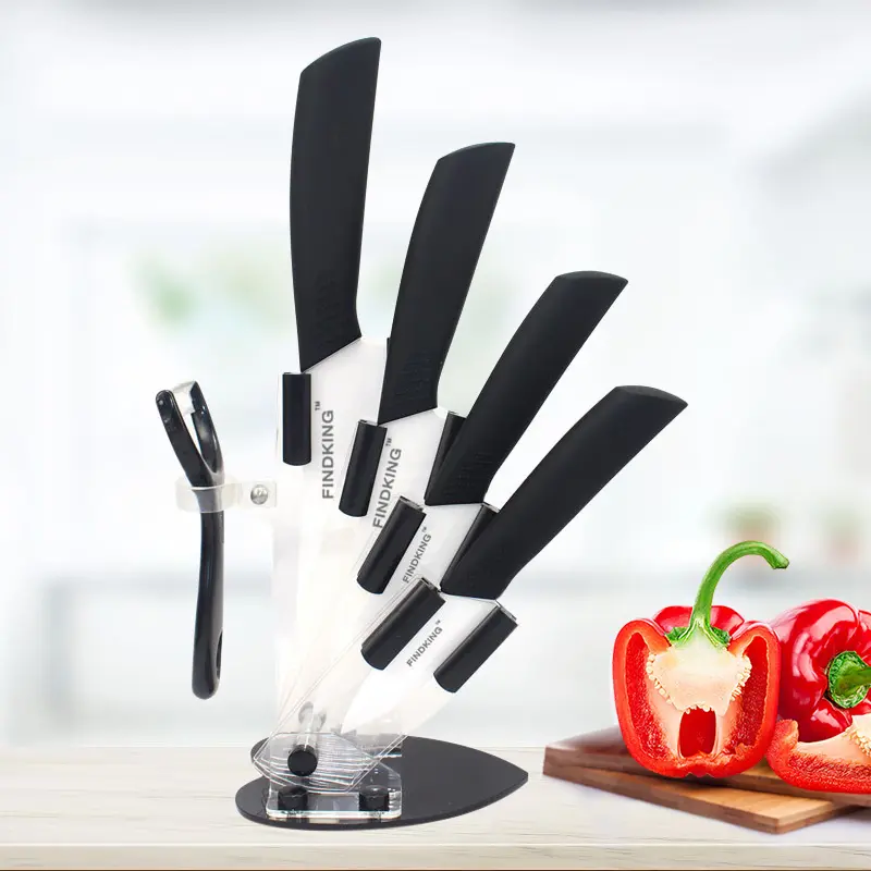 FINDKING 6-Piece Ceramic Multi-Knife Set with Acrylic Holder, Kitchenware Including 3" 4" 5" 6" Knives & Peeler, Ceramic for Lighter Handling, Handles Meat Veg & Fruit Prep