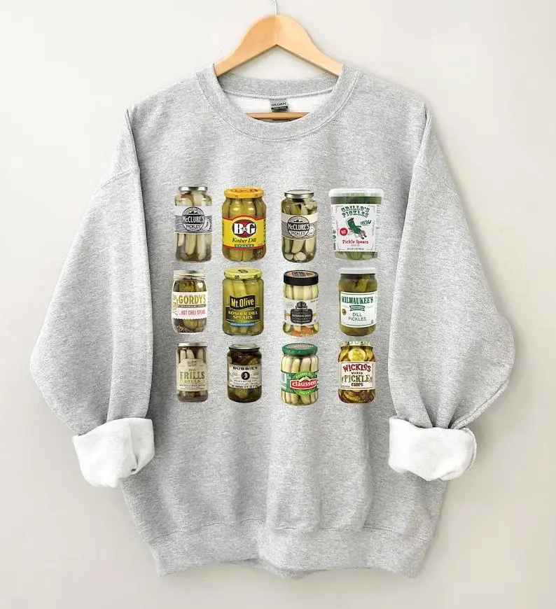 Vintage Canned Pickles Sweatshirt - Casual Long Sleeve Sweatshirt with Pickle Jar Design Homemade Pickles Theme Gray Athletic Style