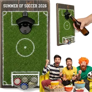 Soccer Field Bottle Opener Wall Decor, Magnetic Wall Mounted Beer Bottle Opener with Cap Catcher, Wooden Soccer Field Sign for Man Cave Bar Sports Room