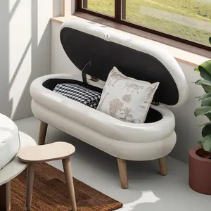 Velvet Ivory White Storage Bench With Solid Wood Legs Suitable For Living Room, Bedroom Storage Bench, Shoe Changing Bench