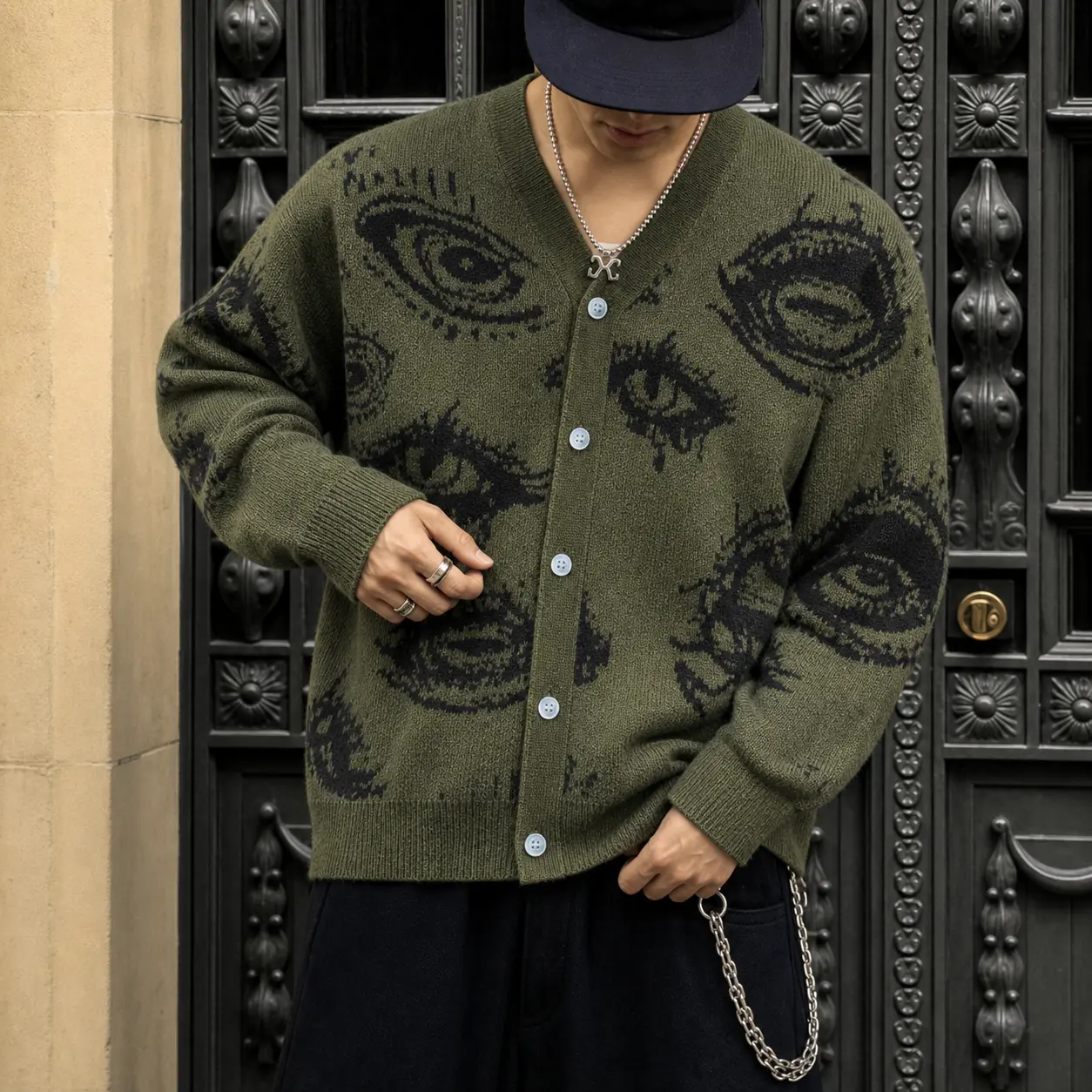 2026 #SummerVibes Menswear Casual Long-Sleeve Button-Up Cardigan - Retro Big Eyes Pattern, Skin-Friendly Polyester Knitwear, Unisex Versatile Pullover Top, Longsleeves