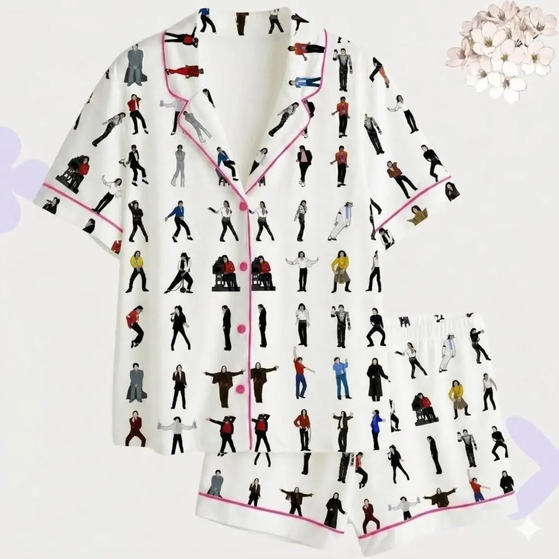 Pop Music Dancer Print Satin Pajama Set for Women – Short Sleeve Button Down Sleepwear and Unisex Lounge Set, Lightweight Summer Nightwear