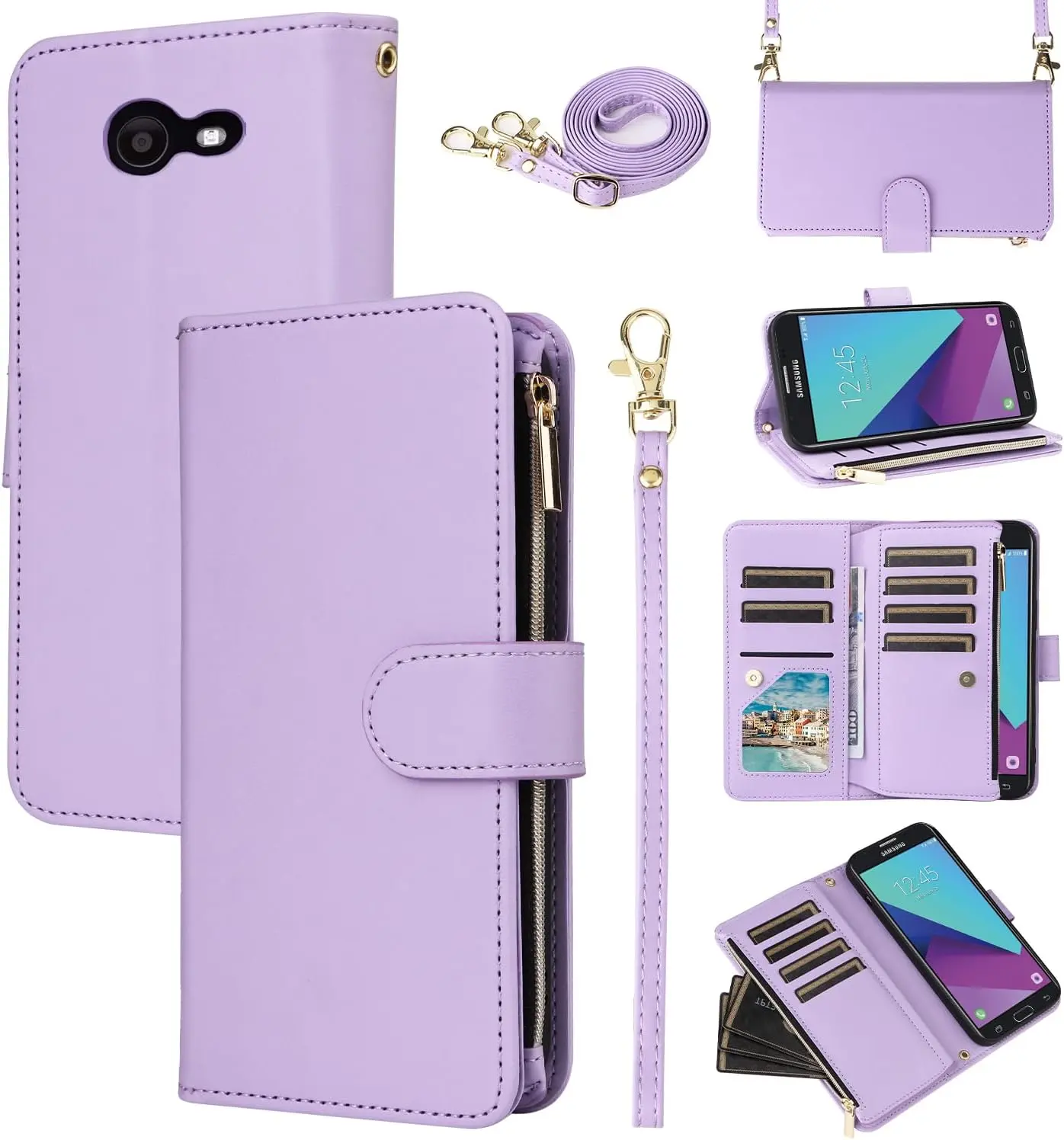 Wallet Case for Samsung Galaxy J7 Prime 2017 J 7 Skypro Sky Pro J7V V S727VL with Wrist Strap Crossbody Shoulder Strap Zipper Card Holder Slots Protector Phone Cover Halo 7J Perx J7prime Purple