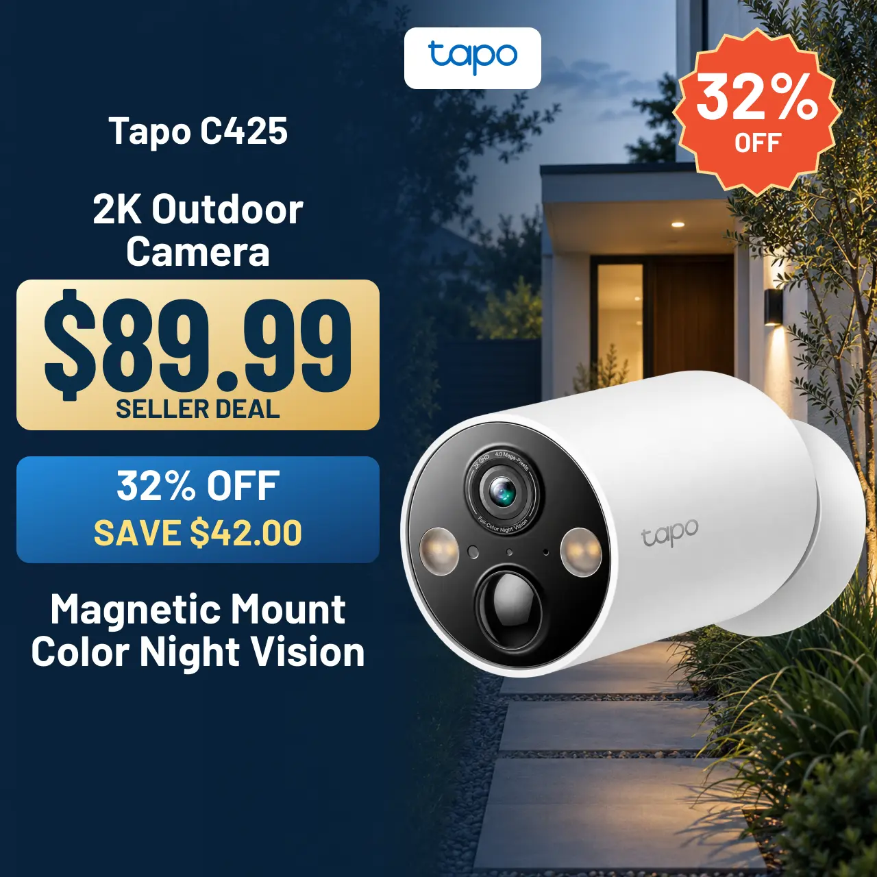 TP-Link & Tapo C425 - Editors’ Choice 2K QHD Wireless Outdoor Security Camera with Magnetic Mount, Long-Lasting Battery, AI Detection, 150° FOV, Color Night Vision, IP66 Weatherproof