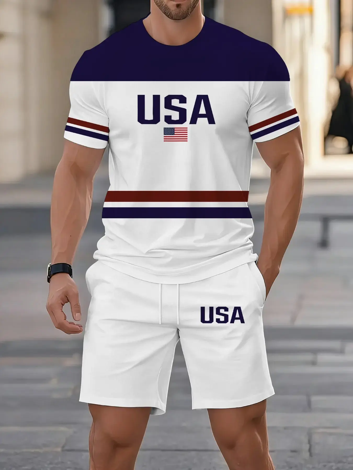 Men's Round-Neck Short-Sleeve Top and Shorts Set, Casual, USA Letter 3D Print, Fitted Drop-Waist Tee and Track Shorts for Summer Gym and Athleisure Wear