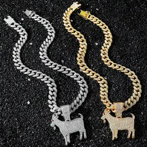 Fashion HipHop Animal Goat Pendant Necklace For Men Cuban Chain Iced Out Bling Micro Paved CZ Necklaces Punk Rock Biker Jewelry