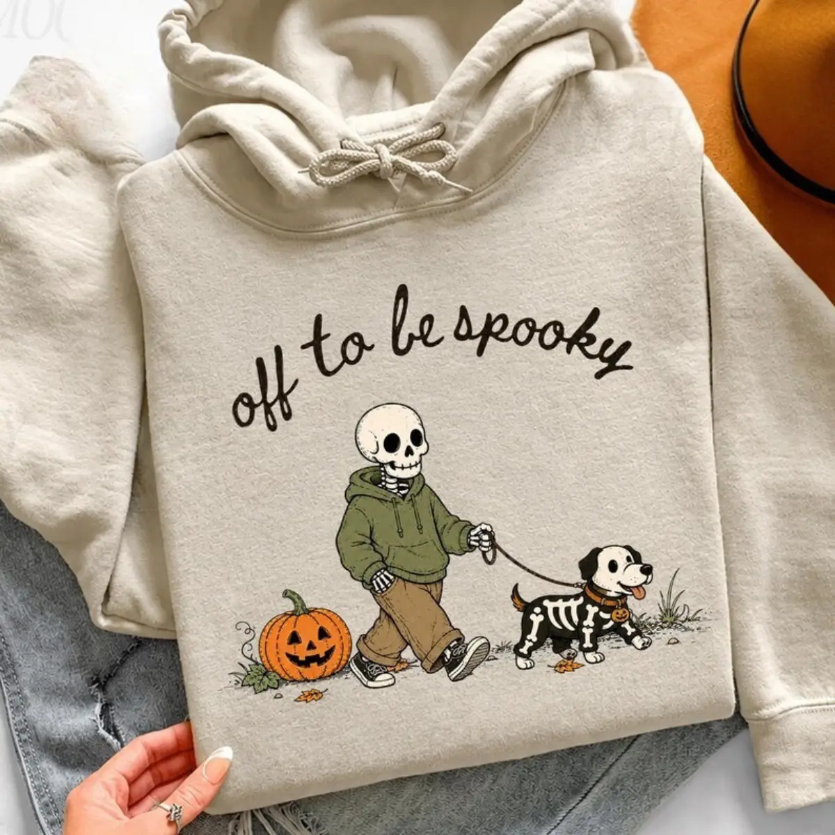 Off To Be Spooky Skeleton Walking Dog Hoodie, Retro Halloween Skeleton Wearing Green Hoodie Walking Skeleton Dog Graphic Sweatshirt, Funny Pumpkin Fall Spooky Dog Mom Dad Gift Unisex Pullover Top