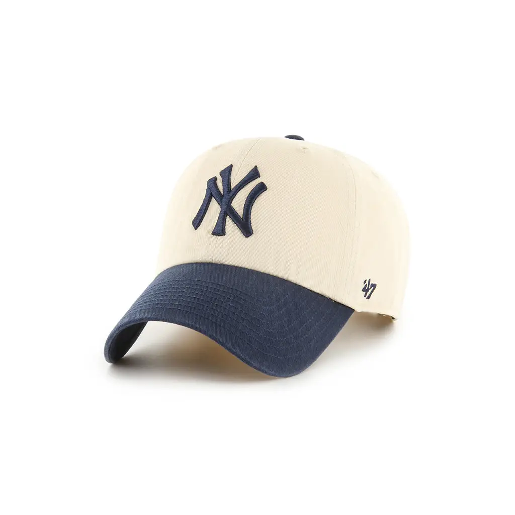 47 NY Yankees Clean Up Dad Hat - Unisex Loose Cotton Twill Cap with Garment Washed Finish, Raised Logo Embroidery, Relaxed Fit & Adjustable Strapback for Casual Wear, # B-Rgwtt17gws-Ntg, New York Logo Hats, Everyday, Logo Embroidered