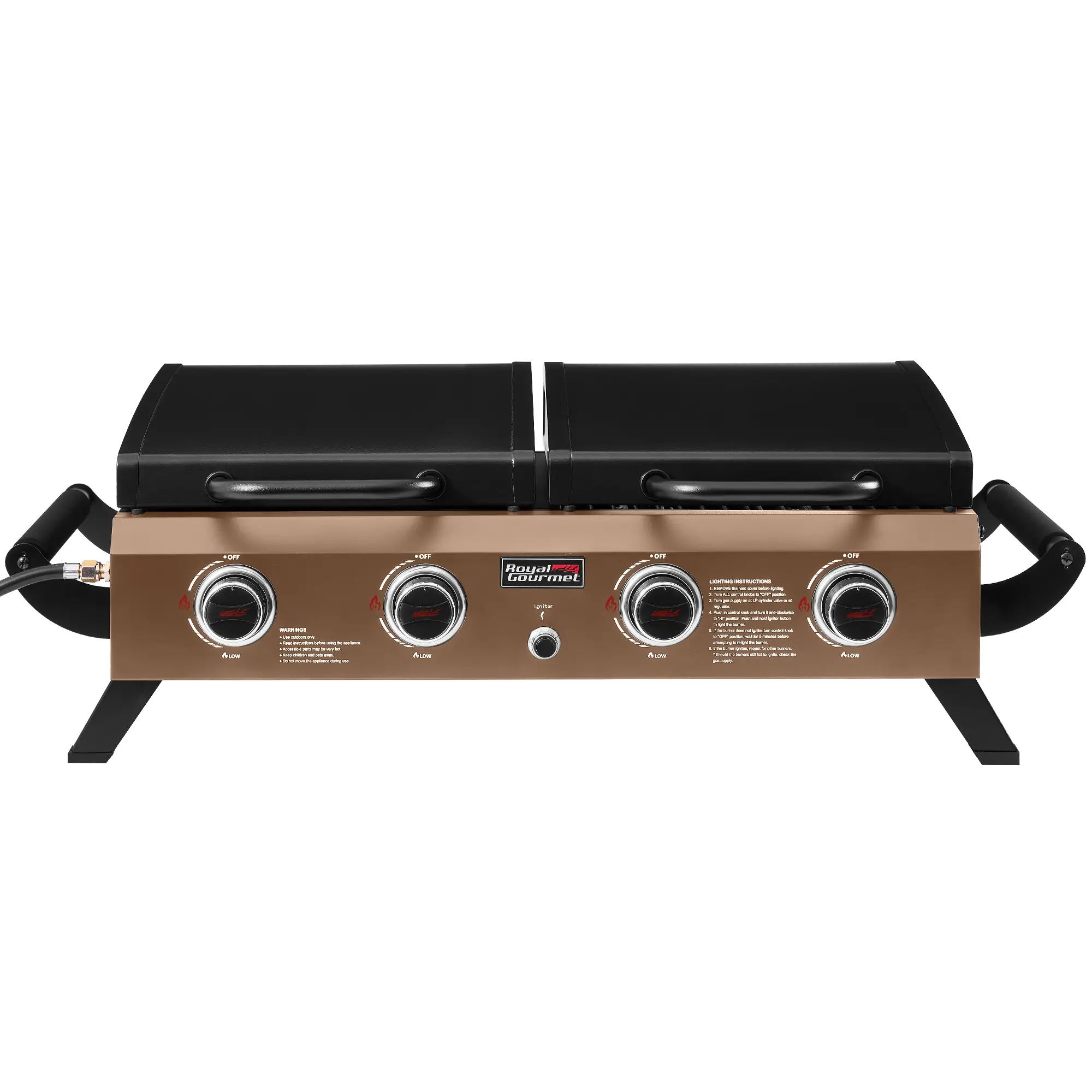 Royal Gourmet Portable Tabletop Grill & Griddle Combo with Hood, 4-Burner Portable Propane Gas Grill Griddle Combo for Backyard, Camping, Tailgating