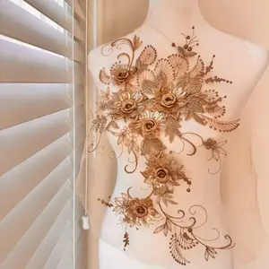 Gold Applique: Embroidered 3D Flowers and Sequins (17 x 10 in)