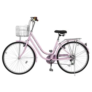 26in Pink Commuter Bike – Shimano 7-Speed, High Carbon Steel Frame (150kg Capacity), V Brake, Adjustable PU Saddle, Canvas Front Basket + Mirror, Reflectors for Eco-Friendly Urban Travel​