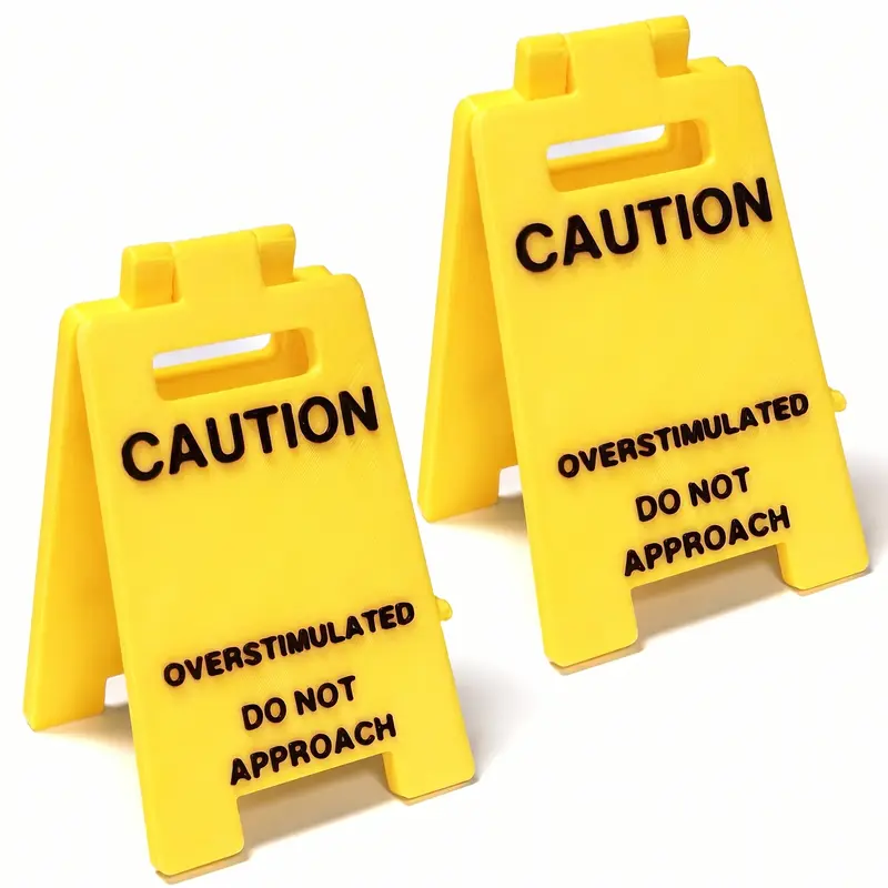 2-Pack Small Plastic Double-Sided Caution Overstimulated Desk Sign - Yellow with Black Text, Comedy Prank Gift for Friends, Adult Office Study Decor Plaque, Do Not Approach Warning Novelty