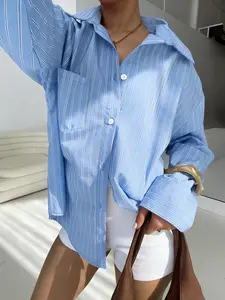 Women's Oversized Blue and White Stripe Shirt, Casual Long Sleeve Button Down Top, Unisex Resort Wear for Beach Vacation and All Seasons Outfits, Button Down Blouse