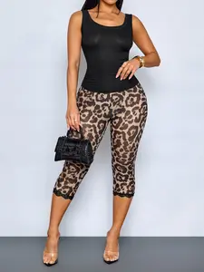 Summer Casual Women's Leopard Print Lace Leggings, High Waist Elastic Capri Pants, Fashionable for Outdoor, Sports, Workwear（Semi-transparent）