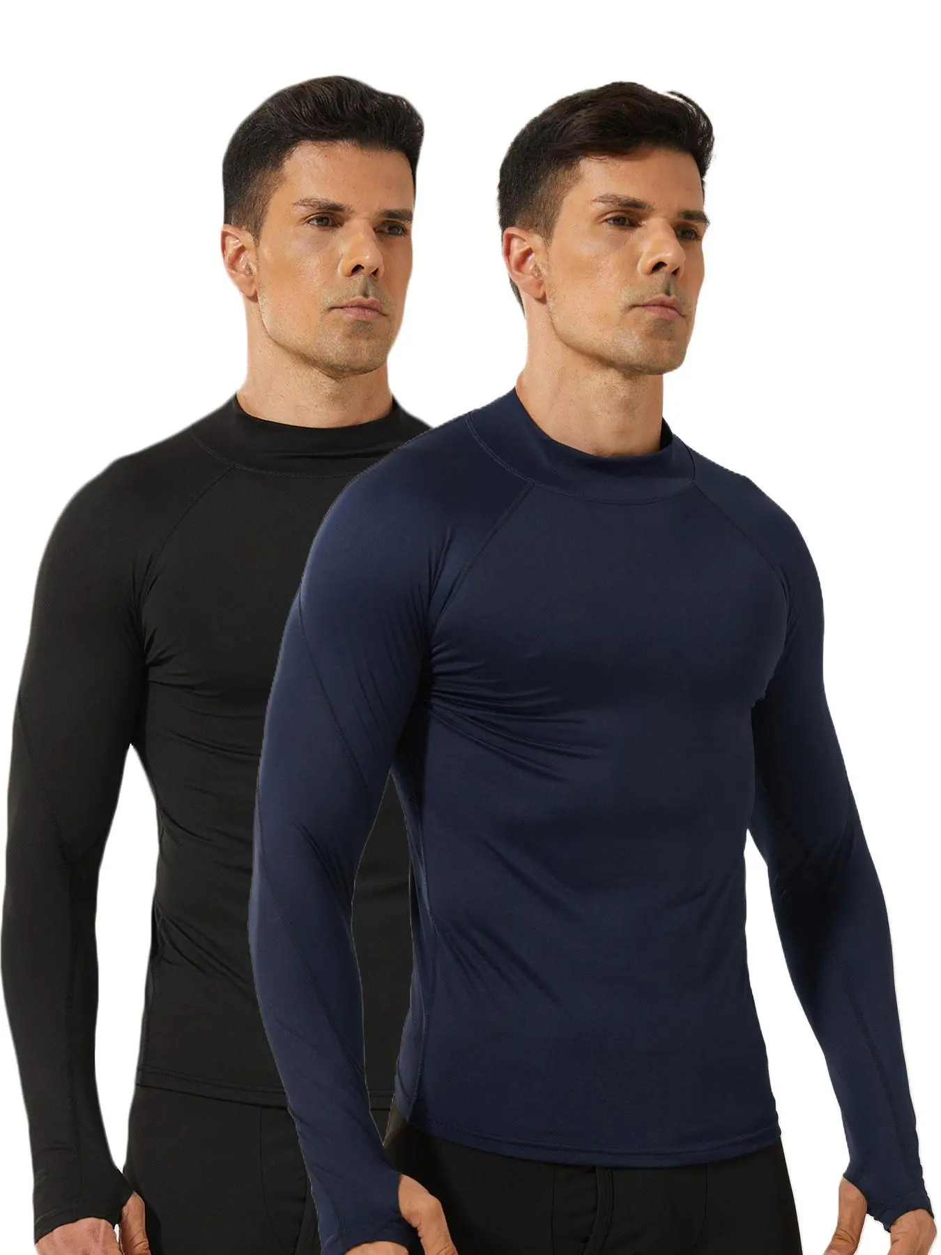Men's Solid Thumb Hole Raglan Sleeve Compression Top, Fitted Design Activewear Polyester, Casual Comfy Breathable Long Sleeve Round Neck Top for Fall & Winter, Men's Underwear for Daily Wear, Athletic Compression Shirts, Compression Sports Tops