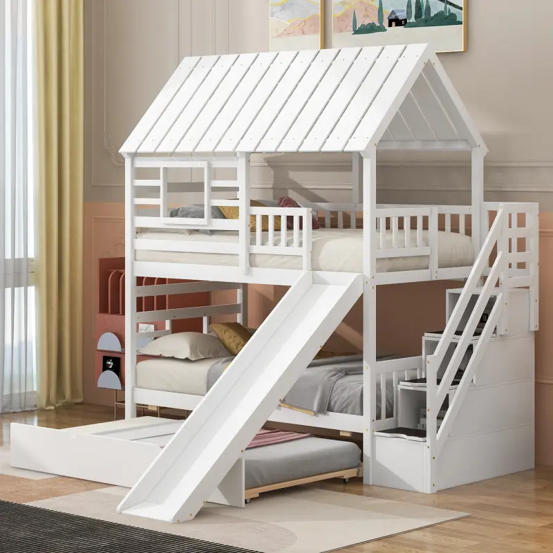 Secure House Shape Twin-Over-Single Bunk Bed (Model GX-000931-AAK) - Pine Solid Wood Frame with Natural Grain, Trundle, Slide, Storage Staircase, Roof Window, Full-Length Guardrails, 94.5x45.5x94 in, 316.5 lbs, Easy Assembly for Bedroom, Assembly Required
