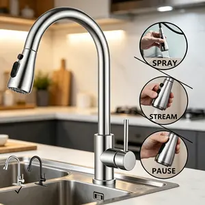 SummerVibes Modern Kitchen Faucet with Pull Down Sprayer, Brushed Nickel Finish, High Arc Single Handle, 360° Swivel Spout, 3 Spray Modes