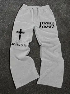 Trending Viral JESUS SAVED ME Religious Faith Black Loose Casual Long Pants JESUS SAVED ME + Thorn Cross + JOHN 3:16 Scripture + Black-White Contrast Print, Graphic Soft Fabric Casual Streetwear Essential Unisex Aesthetic Bottoms Religious Fai