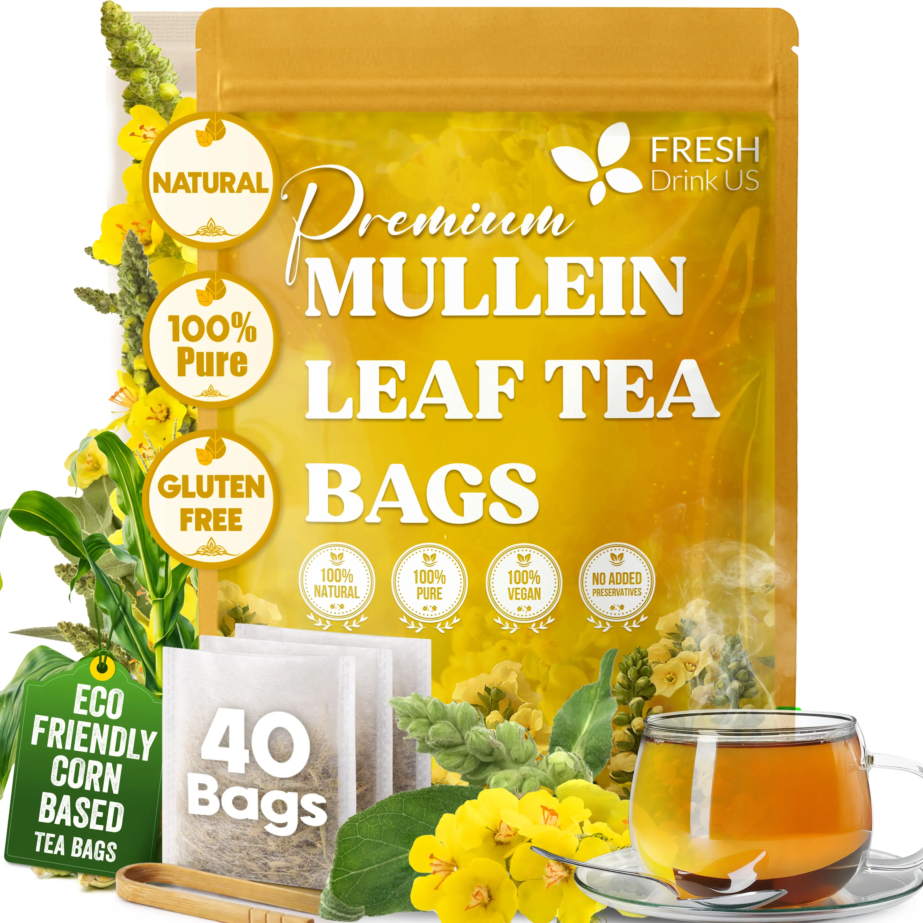 【FreshDrinkUS】 Premium Mullein Leaf Tea Bags For Lung, 100% Natural & Pure from Mullein Leaves. Loose Leaf Mullein Herbal Tea. Made with Natural Material Tea Bags. No Sugar, No Caffeine, No Gluten, Vegan. Mullein cleanse, lung support