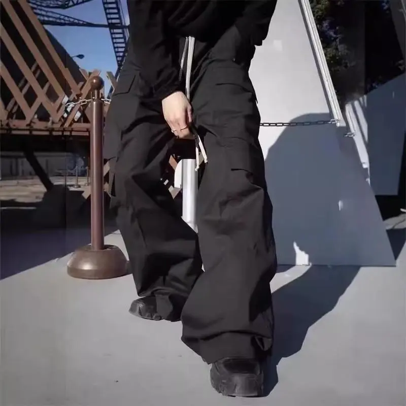 Stunning A6A Ro Style Wide Leg Drawstring Black Cargo Pants Unisex Straight Baggy Casual Overalls Men's Streetwear Loose Oversized Trousers Menswear Pocket, tailored comfort, sleek line, flattering drape