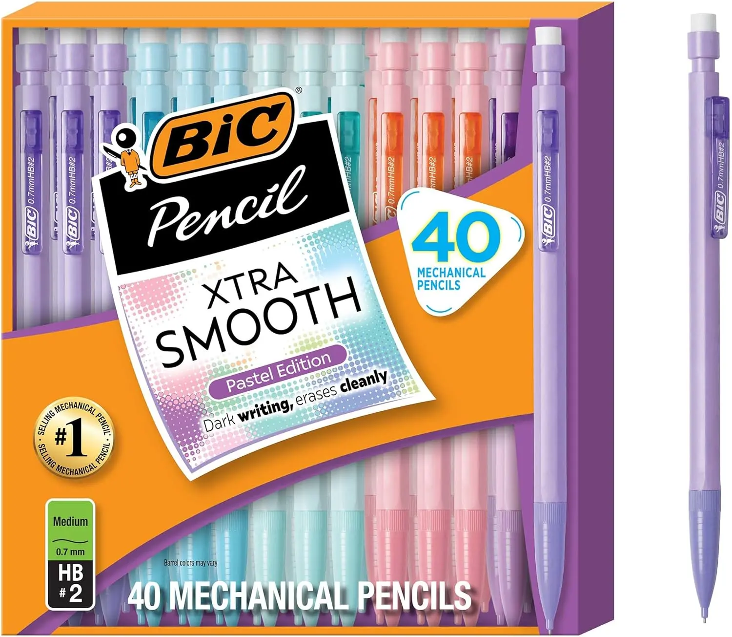 BIC Xtra-Smooth Pastel Mechanical Pencils with Erasers, Medium Point (0.7mm), 40-Count Pack, Bulk Mechanical Pencils for School or Office Supplies