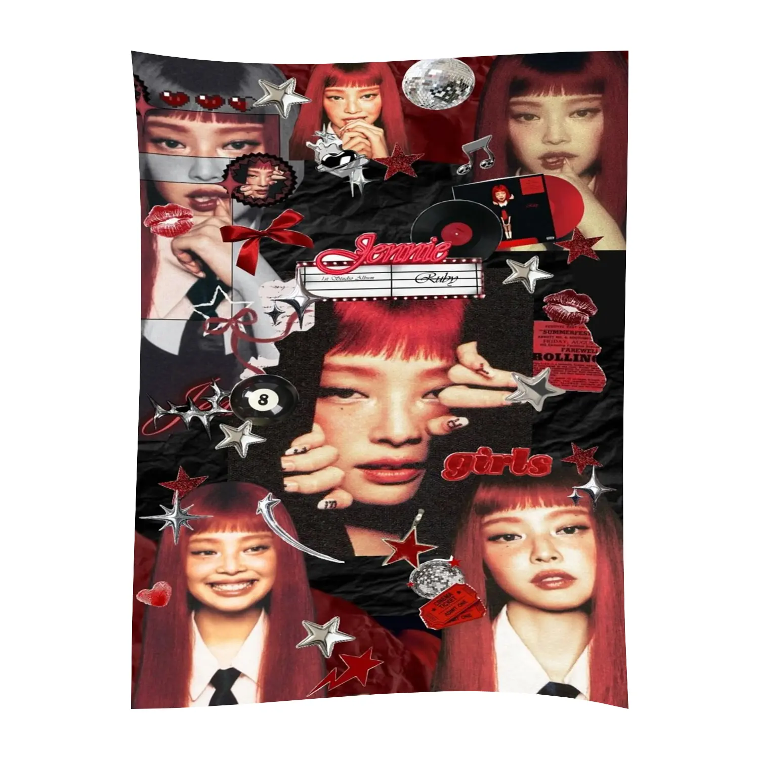 Dark Background Red Tone Jennie Graphic Flannel Blanket, Retro Y2K Cutout Collage Lightweight Cozy Plush Throw Blanket for Sofa Bed, Trendy Teen Girl Kpop Bedroom Decor