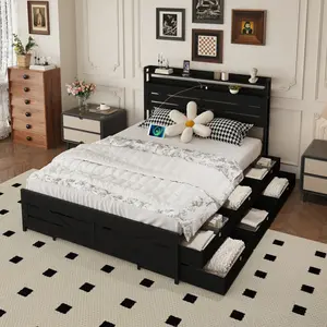 Full-size bed frame with storage headboard and 12 drawers with LED lights, metal platform with anti-slip and noiseless mattress support, sturdy metal slat support, black
