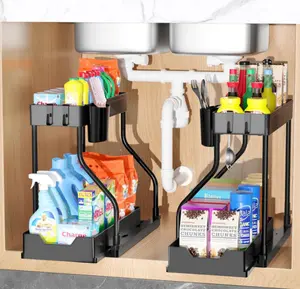 2-Tier Under Sink Sliding Storage Organizer with Pull-Out Basket & Adjustable Straw Holder for Kitchen, Bathroom & Laundry