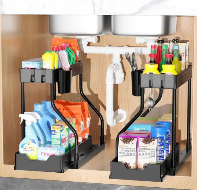 2-Tier Under Sink Pull-Out Storage Organizer with Sliding Basket, Adjustable Straw Holder & Movable Blade Stand - Multi-Use Home Organizer for Kitchen, Bathroom - Includes Drain Racks & Displays, Bottles Organizer Racks & Displays