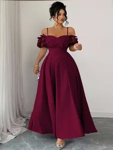 Plus Size Women's Wine Off-The-Shoulder Formal Dress, 3D Floral Heart Neck A-Line Midi Evening Gown, Perfect for Weddings and Parties