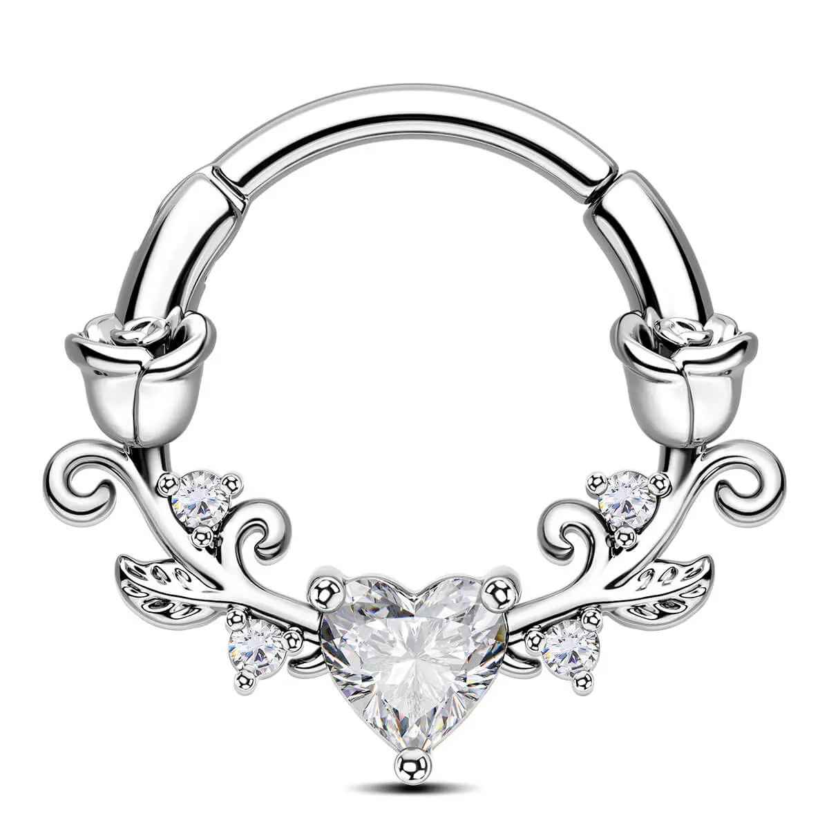 OUFER 16G 316L Stainless Steel Septum Piercing Jewelry, Heart CZ Symmetrical Roses Hinged Hoop Clicker Body Jewelry