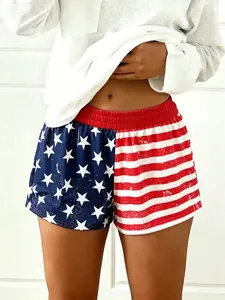 Retro American Flag Printed Elastic Waist Loose Shorts - High Waist Edition, Comfortable, Soft and Breathable Fabric, Paired with Millennium Street Style Print, Suitable for Summer Leisure, Sports and Fitness, Patriotic Festivals, Independence Day Wear