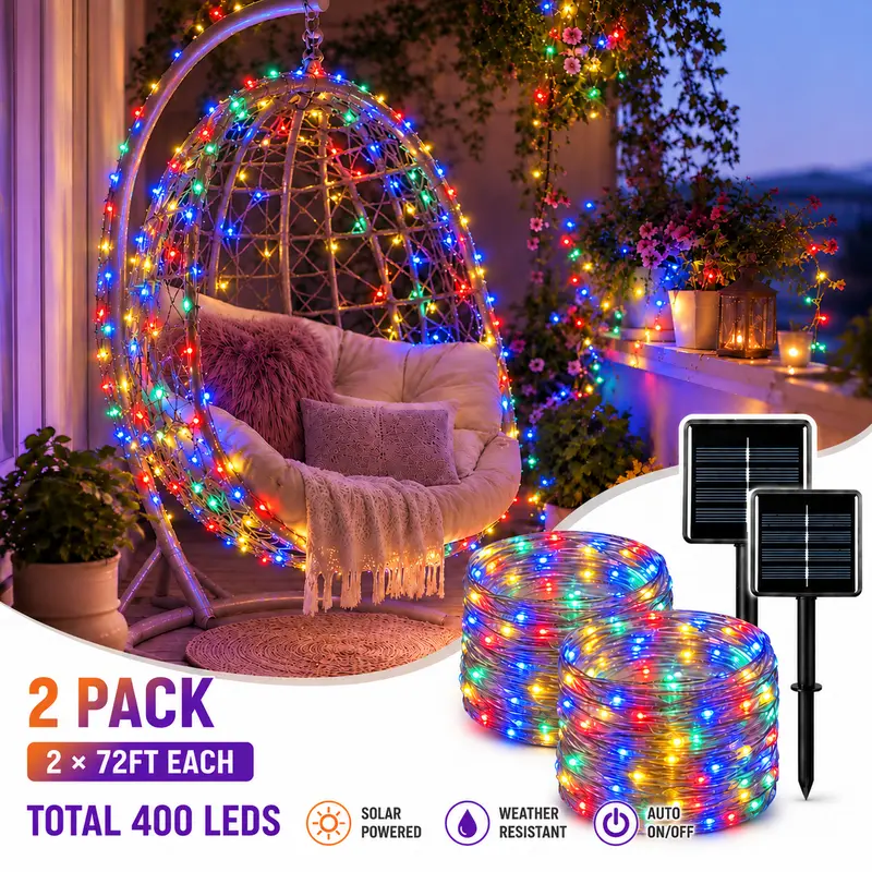 Solar Powered LED String Lights 2-Piece Set - 400 LEDs, 144ft Total Length, 8 Modes,  Nickel Battery, Cordless, Colorful Mood Lighting, Solar Outdoor Christmas Lights, for Tree, Yard & Wedding Festive Decor, Solar Outdoor Lights