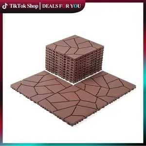 TikTok Shop 44PCS Stone Style 12x12 Interlocking Deck Tiles Dark Gray Brown for Indoor Outdoor Patio Poolside Balcony DIY Flooring Decking