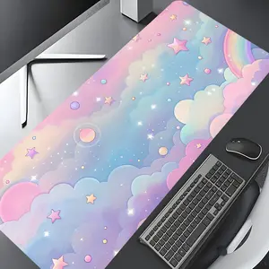 Pink Pastel Dreamy Galaxy Cloud Design Large Gaming Mouse Pad,Aesthetic Desktop Drotection Pad,Washable Rubber Pad Non-Slip Lock Edge Multi-Size Mouse Pad Suitable For Home Office,Office Desk Accessories,Good Gift for Family and Friends