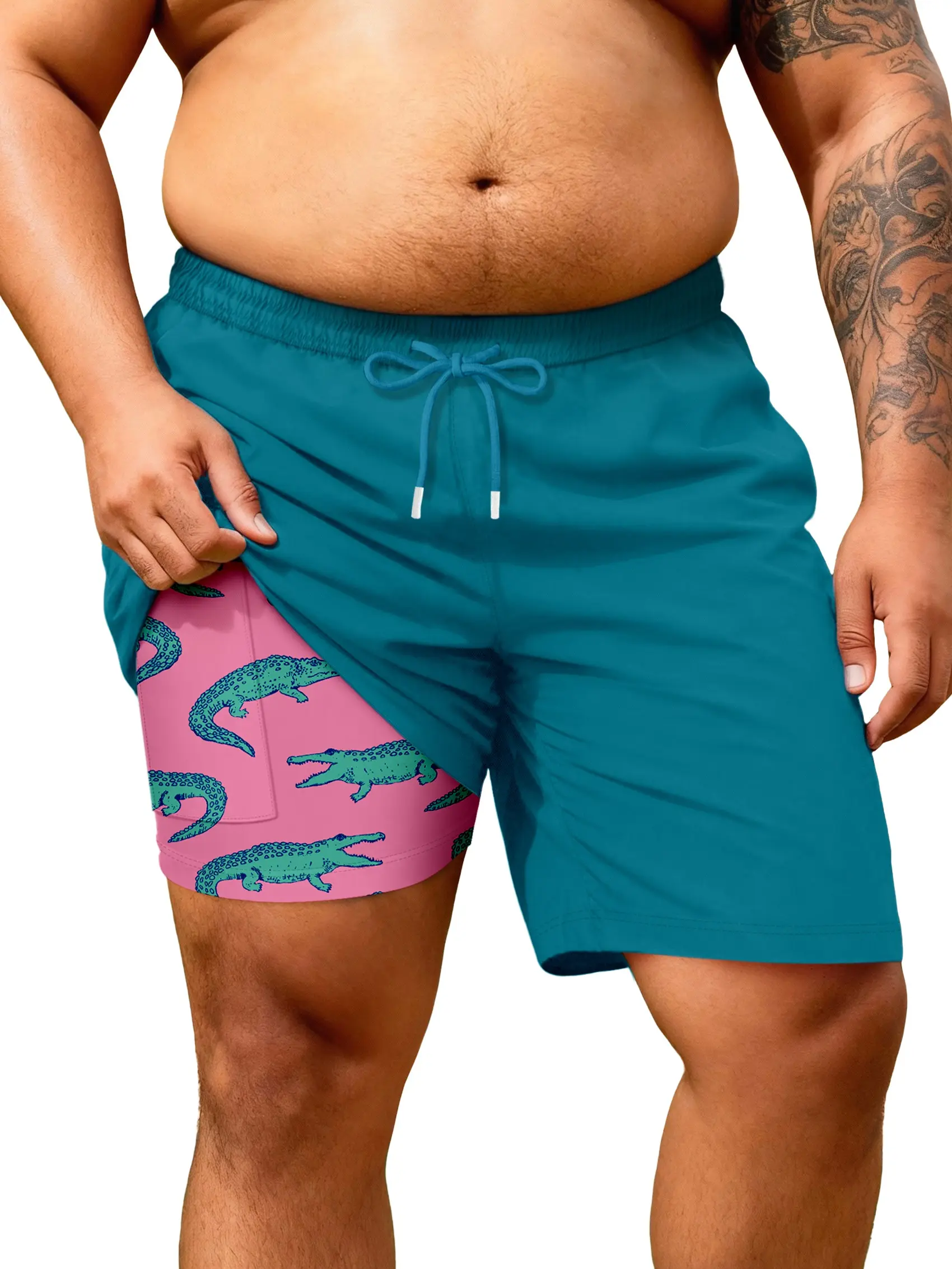 SONICDEGREE Men's Plus Size Athletic Swim Trunks, 2-in-1 All Over Print Shorts with Compression Liner, Quick Dry, Zipper Pockets, 8" & 10" Inseam