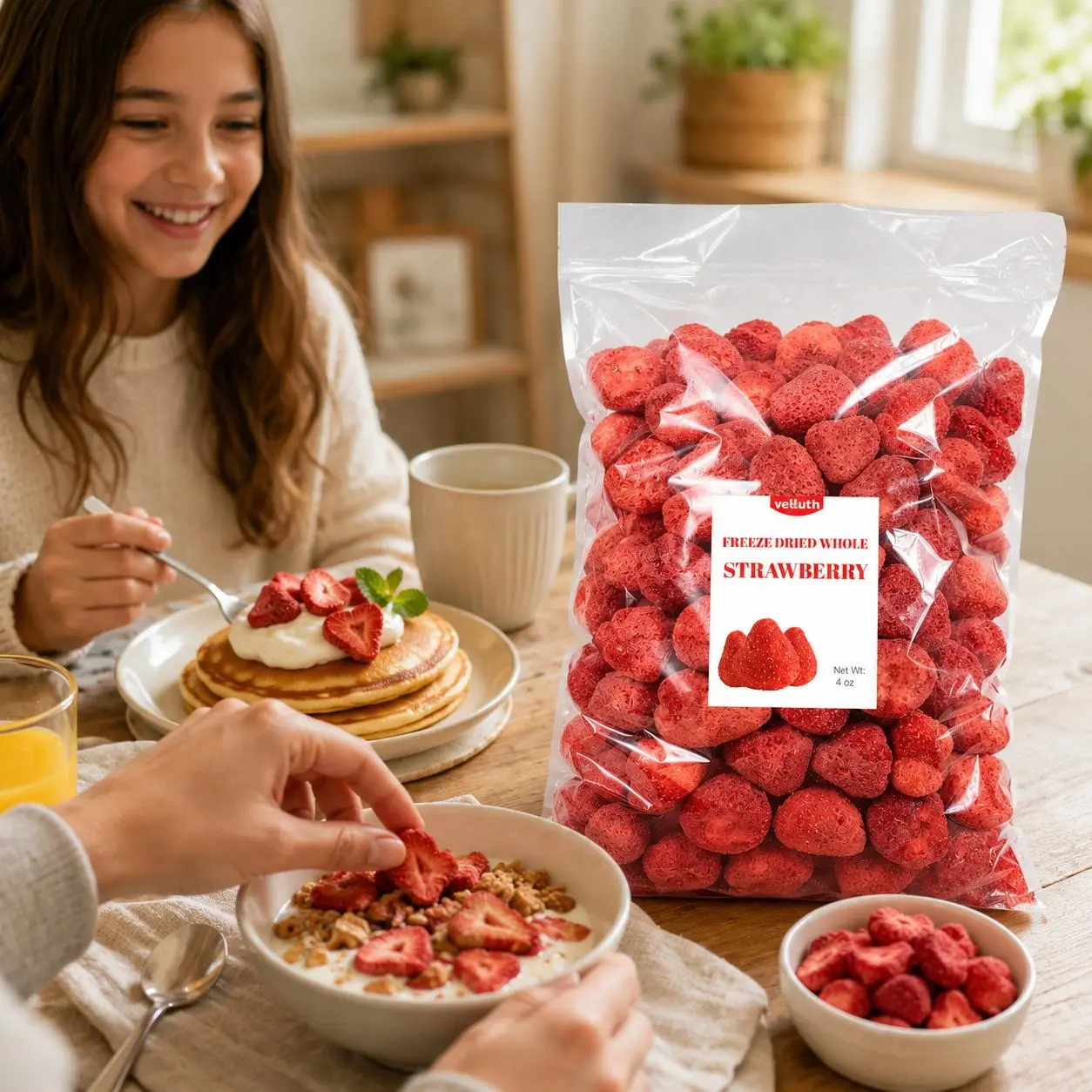 Freeze Dried Strawberry Snack, 4oz Natural Crispy Fruit Snacks, Sweet Fruity Treat for Baking, Smoothies, Oatmeal, Yogurt, Snack Bag and Family Sharing