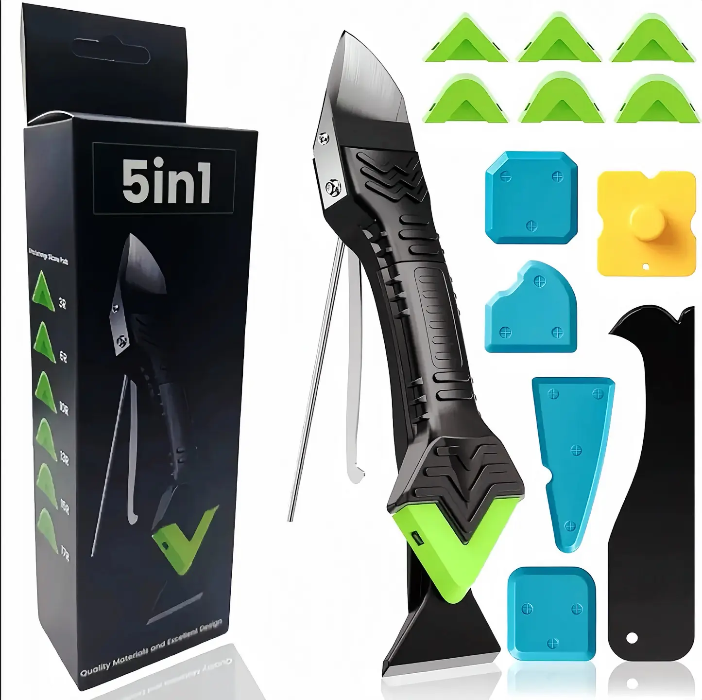 5-in-1 Silicone Caulking & Removal Adhesive Tool Kit - 6 Replaceable Silicone Pads, Adhesive Scraper, Grout Removal Pick, Finishing Tools for Deep Cleaning Moldy Sealant in Kitchen Sinks, Tiles (Reusable), Adhesive Tool Kits