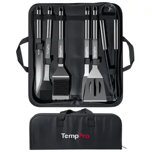 TempPro 6-Piece Heavy-Duty Barbecue Utensils Set - Fork, Grill Brush, Cast Iron Burger Press, Stainless Steel Tools for Home & Outdoor Cooking (AGT700)
