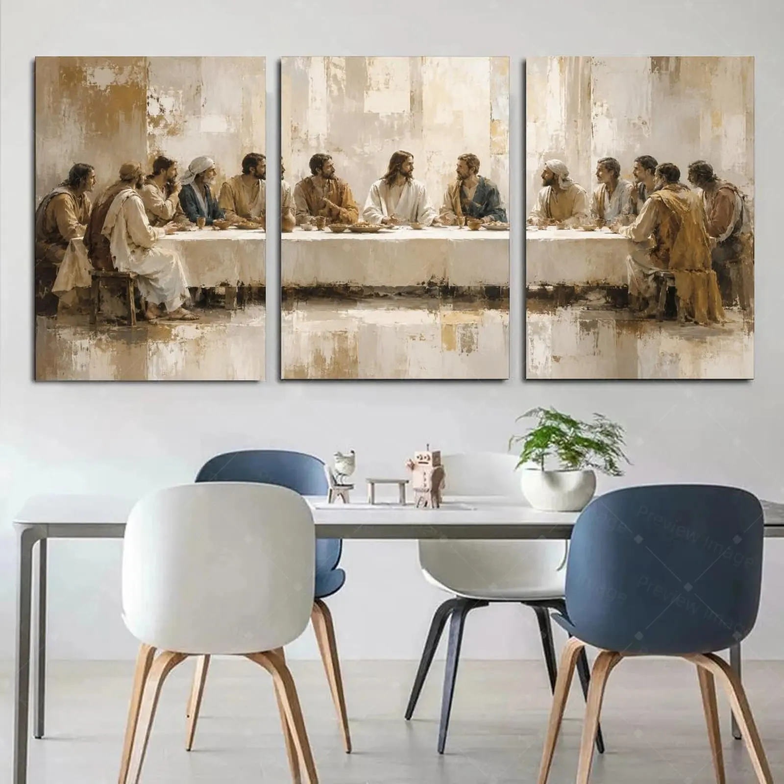 3 Piece Framed The Last Supper Canvas Wall Art, Jesus and Disciples Modern Abstract Oil Painting Poster, Neutral Beige & Gold Aesthetic Christian Decor for Home Church, Faith Gift,wall decor,poster.