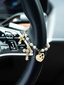 Luxury Pearl Cross Car Steering Wheel Decorative Chain, Heart Star Car Interior Hanging Ornament, Elegant Vehicle Accessories