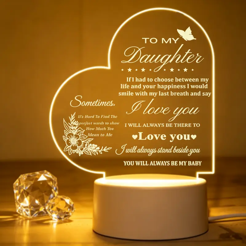 Personalized Acrylic Heart LED Night Light - Floral Butterfly Engraved Warm Desk Lamp, Sentimental Heartfelt Token from Mom/Dad for 2 Special Occasions, Indoor Home Supplies Enhances Decor Keepsake