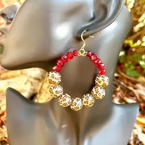 Royalty Red Wood Bead Leopard Print Gemstone Hoop Earrings