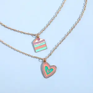 Women Macaron Multi-color Oil Drop Heart Pendant Girl Cute Cake Shape Necklace