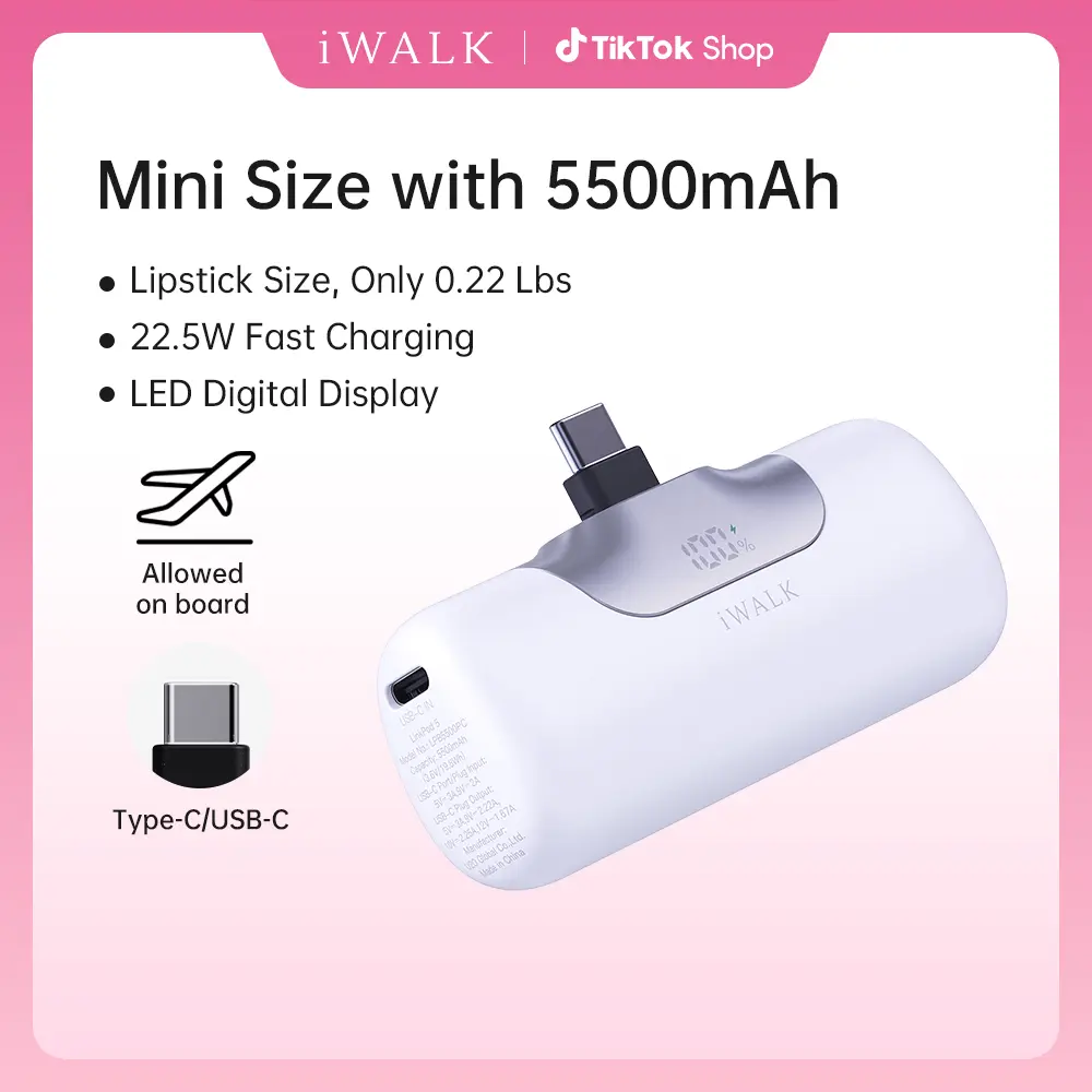 iWALK 5th Gen Mini Plug-in Power Bank 5500mAh 22.5W USB-C Fast Charging with SenseForce Tech Smart LED Display for iPhone Android Travel Use summervibes tiktokshopspringglowup - Digital, Usb Battery Adapter, Charger summerwins,summerwins,back to school