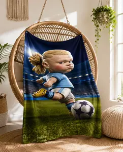 Haaland Funny Cartoon Soccer Player  Flannel Blanket, Cute Blonde Football Kid Throw Blanket, Ultra Soft Cozy Fleece Blanket for Couch Bed Sofa, Sports Fan Gift for Kids Teens Adults Home Decor