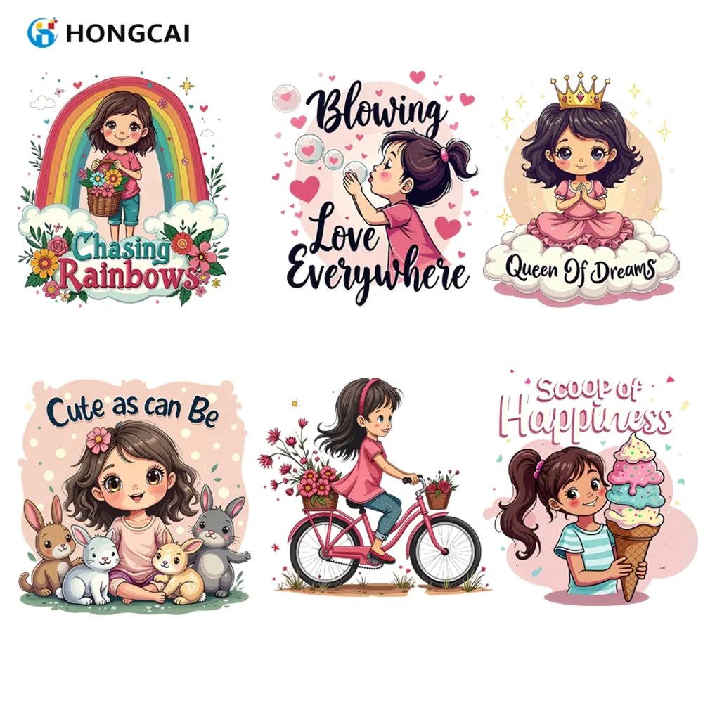 Cute Cartoon Girl Iron-On Stickers Set, Sweet Heat Transfer Vinyl Decals, 6-Piece High-Quality DIY Clothing Transfers, Easy Operation, Crafts
