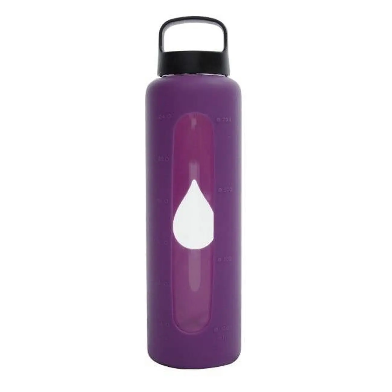 Bluewave Lifestyle GG150LC-Purple 750ml Portable Cylindrical BPA-Free Reusable Glass Water Bottle, 55mm Large Opening, Glass Body, Loop Cap, Washable Silicone Sleeve, Measurement Lines, Dishwasher Safe, Fruit-Compatible - Iris (Everyday Use)